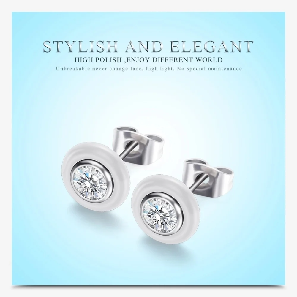NEW White Solitaire Diamond Ceramic‎ Stud Earrings